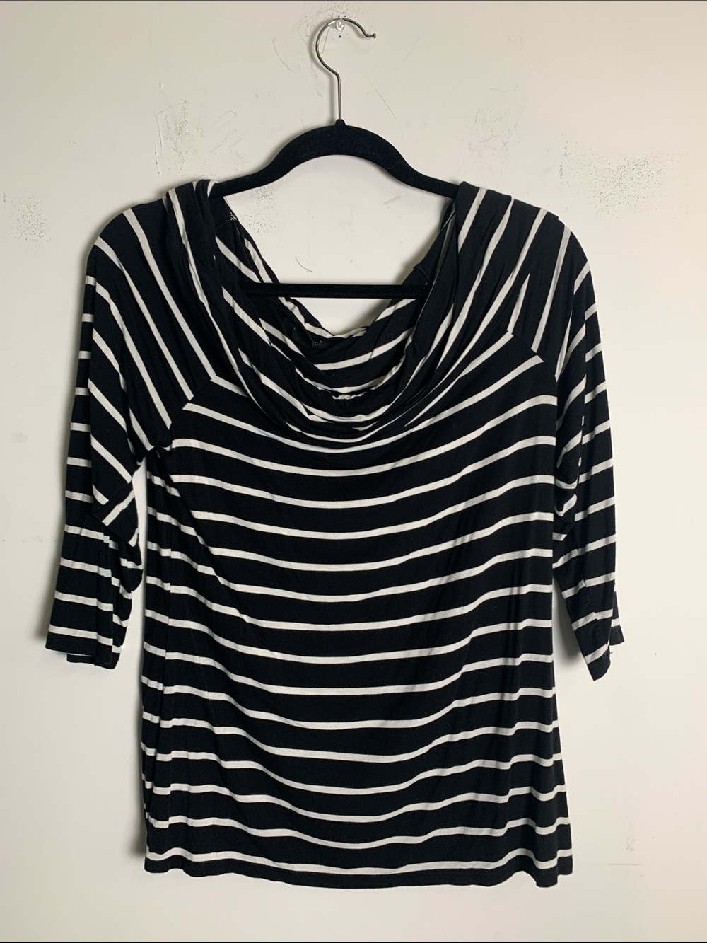 White House Black Market Black and White Striped Top with Cowl Neck